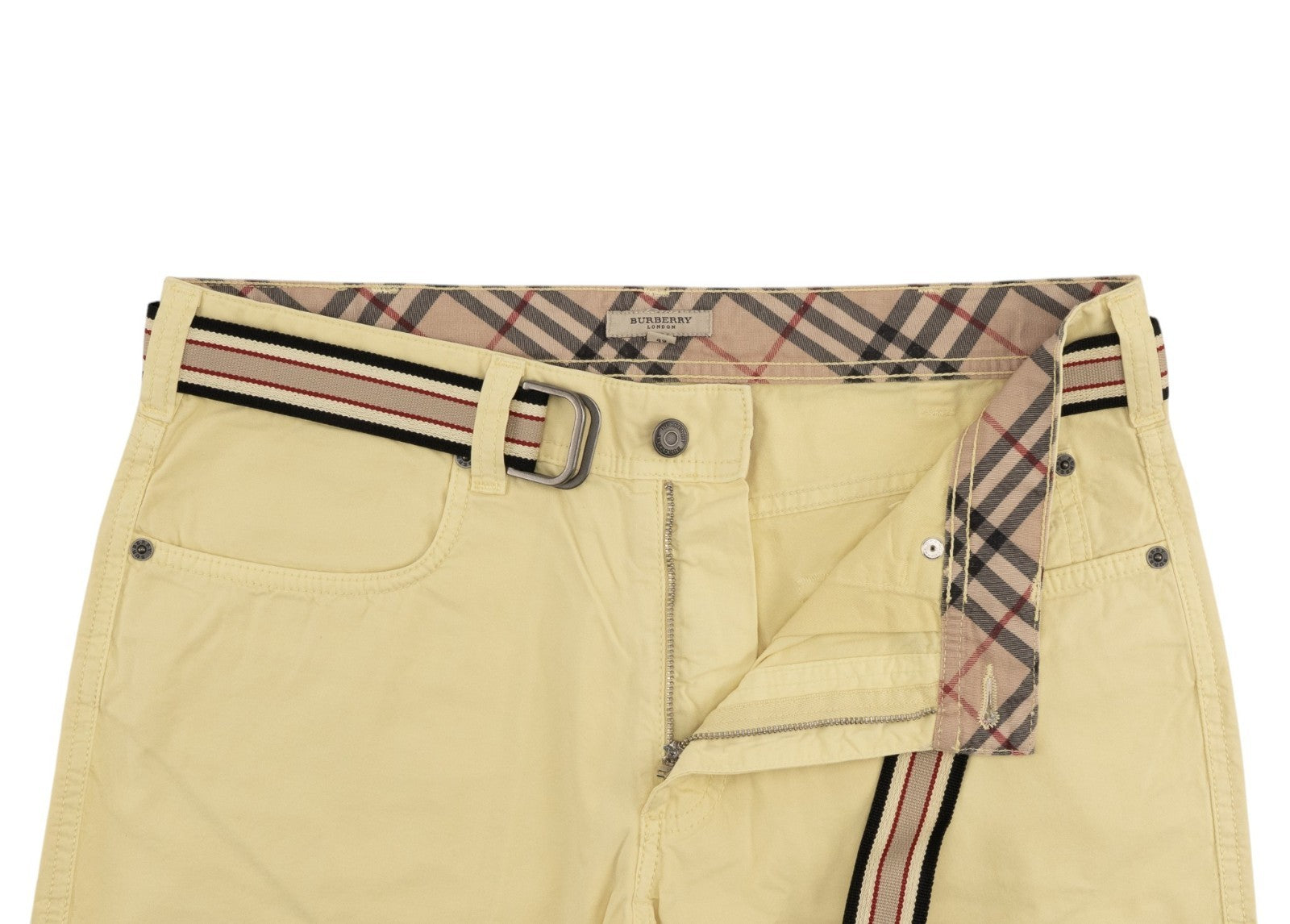 800$ BURBERRY Light Yellow Pant 5 Pocket Belt Chino Cotton Pant Slim Straight