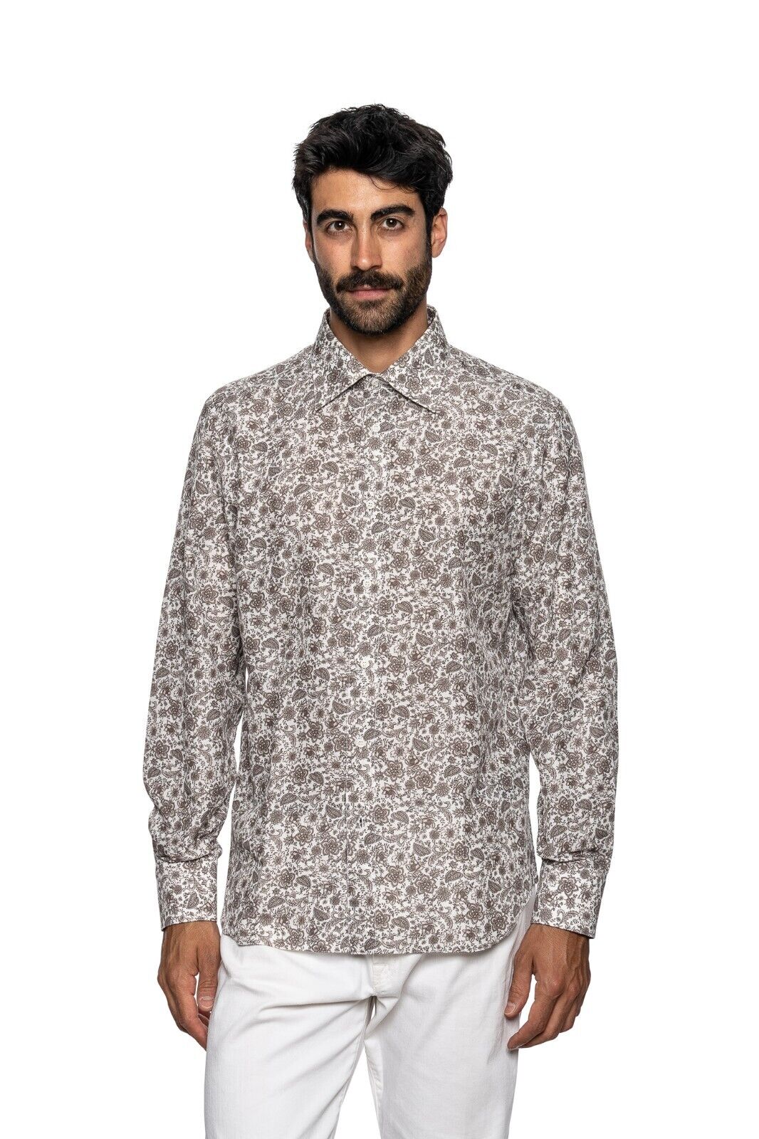 850$  LUXURY ITALO FERRETTI Shirt Brown "FLORAL" Cotton + Silk  Size L BIJAN
