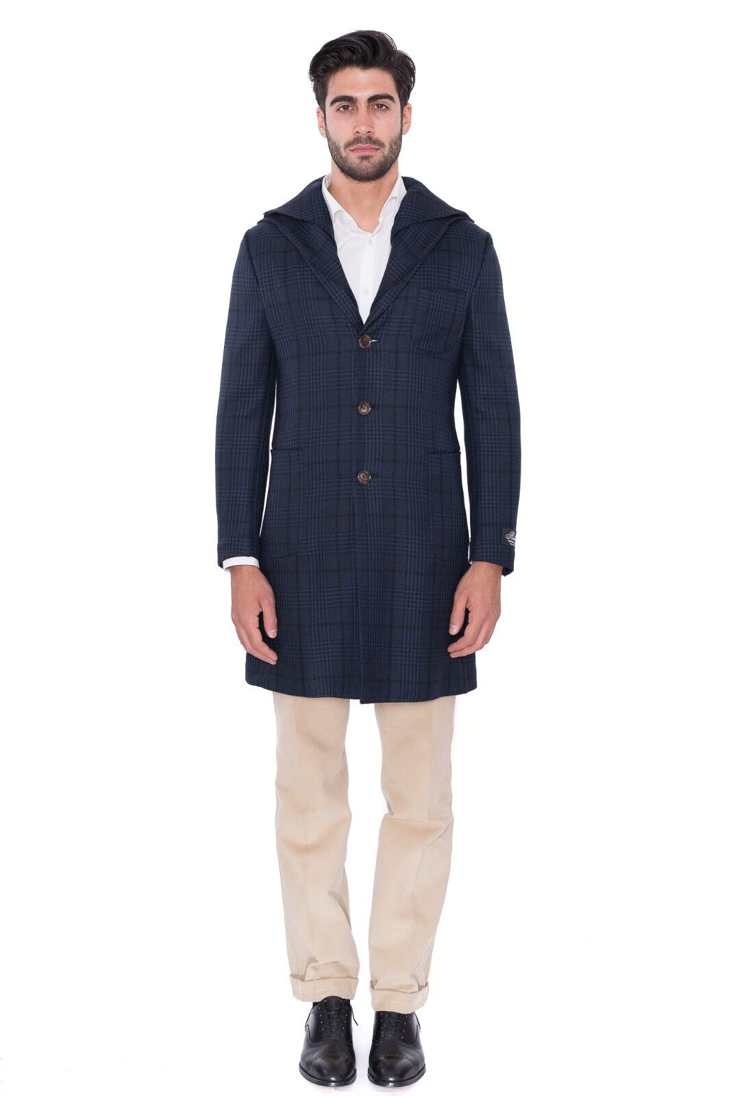 3250 BELVEST Glen Plaid Dark Blue Wool Coat 38 US / 48 EU Drop 8R F/W 2018 Slim
