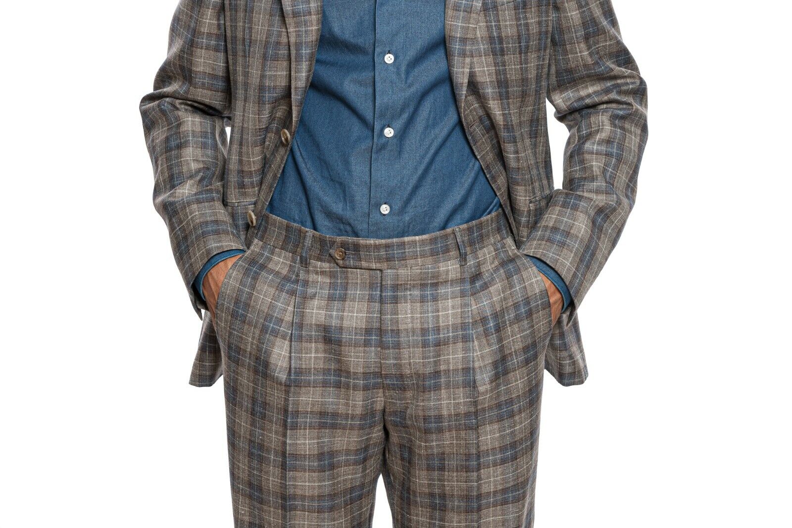$3190 Belvest Checks Brown Suit Wool Silk Linen 40 US / 50 EU 8R Slim Fit