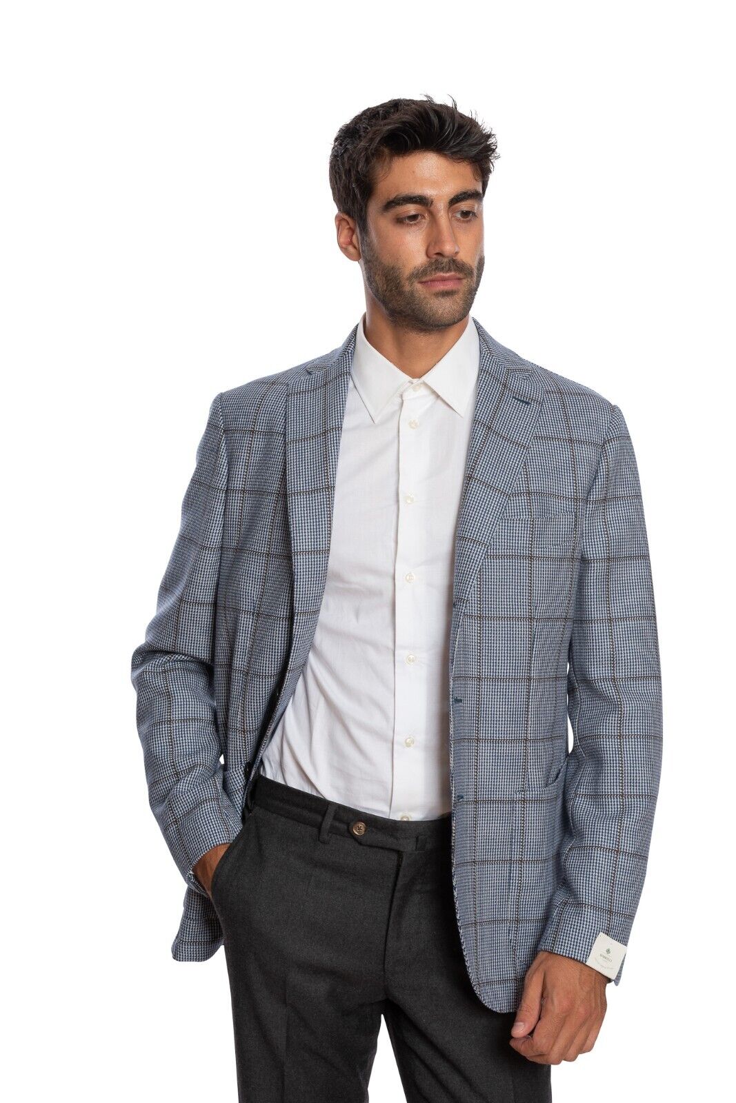 $1980 LUIGI BORRELLI "PROCIDA" Hand-Sewn Blue Gray Plaid Jacket Sport Coat Wool