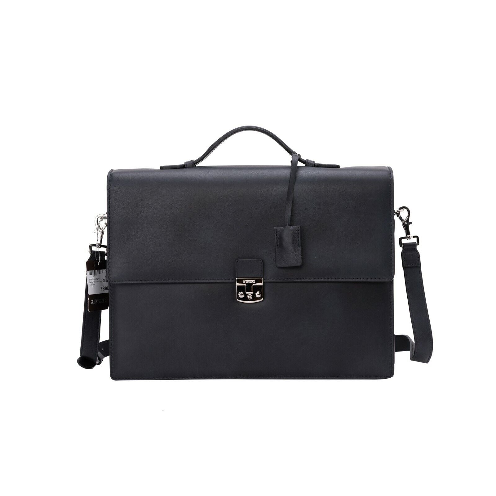 $1390 Testoni Bologna Briefcase PC Case Luxury Black TAMPONATO Calf