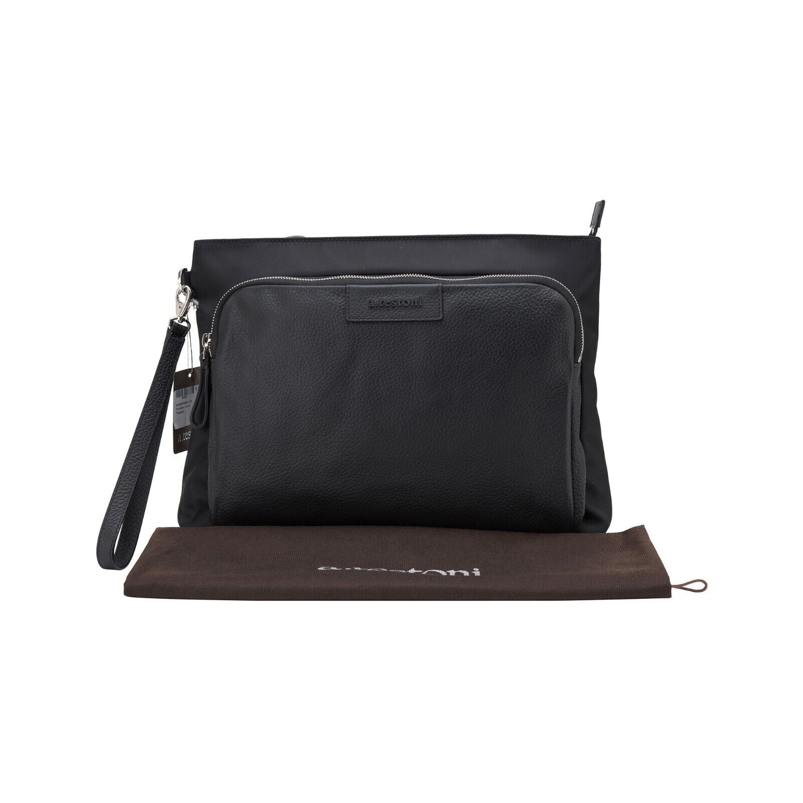 $480 Testoni Bologna Black Karibu Calf + Fabric Hand Clutch Bag + Handle