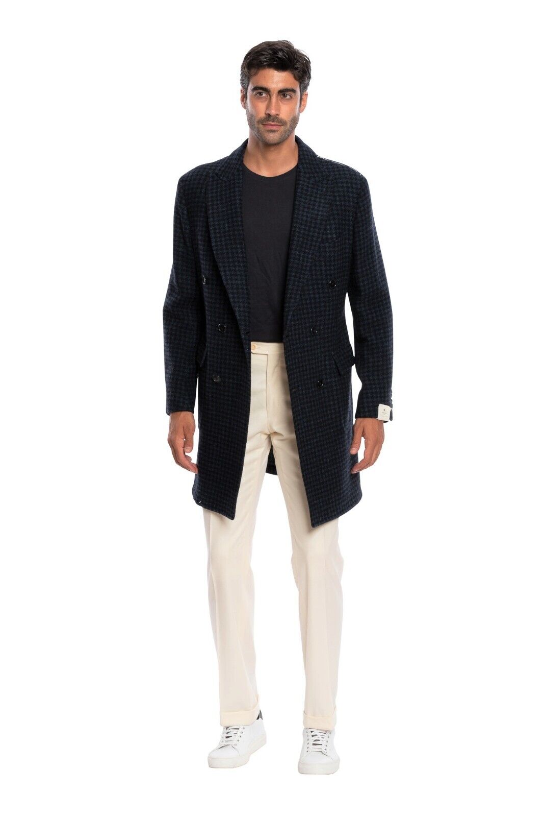 $2950 LUIGI BORRELLI NAPOLI Hand-Sewn Blue Coat Double Breasted Wool Cotton