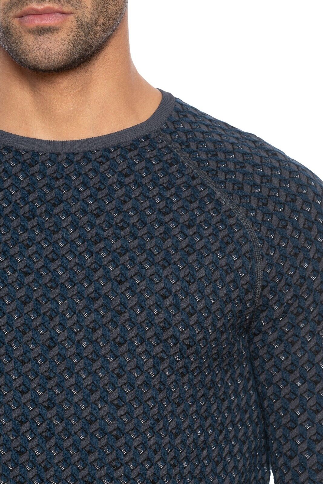 980$ GIORGIO ARMANI Sweater Virgin Wool Jacquard 3D Blue 38 US / 48 EU