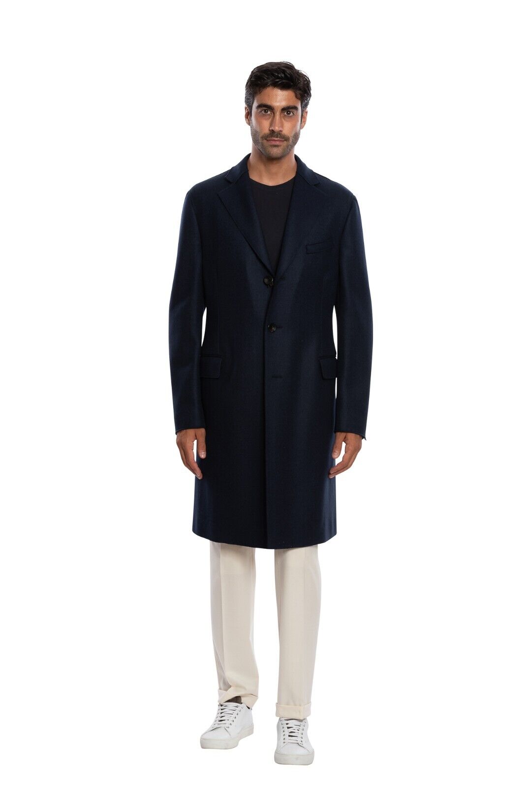 $1950 BOGLIOLI Single Braested Dark Blue Long Coat Flannel Wool 40 US / 50 EU