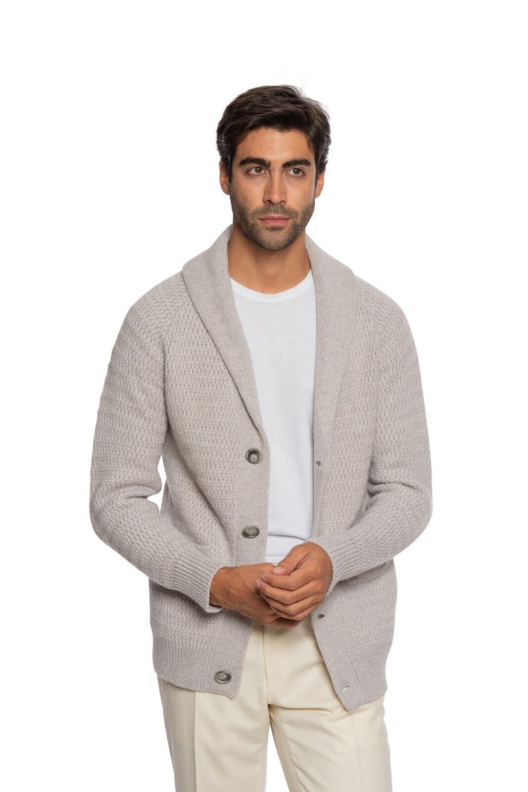 $1900 FEDELI CASHMERE Beige Jacket Cardigan Thick 100% Cashmere Shawl Collar