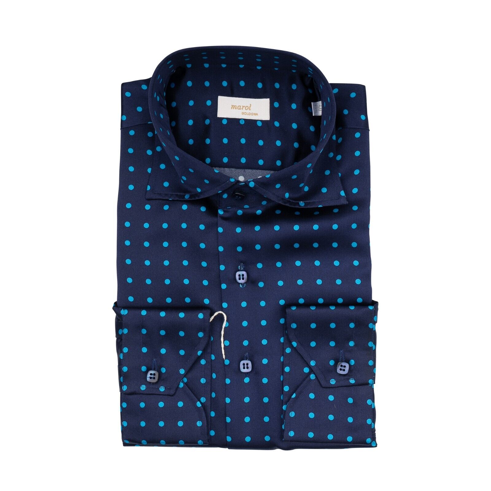 1400$ LUXURY MAROL BOLOGNA Dots Shirt Blue 100% COMO SILK Satin 15.75 - 40