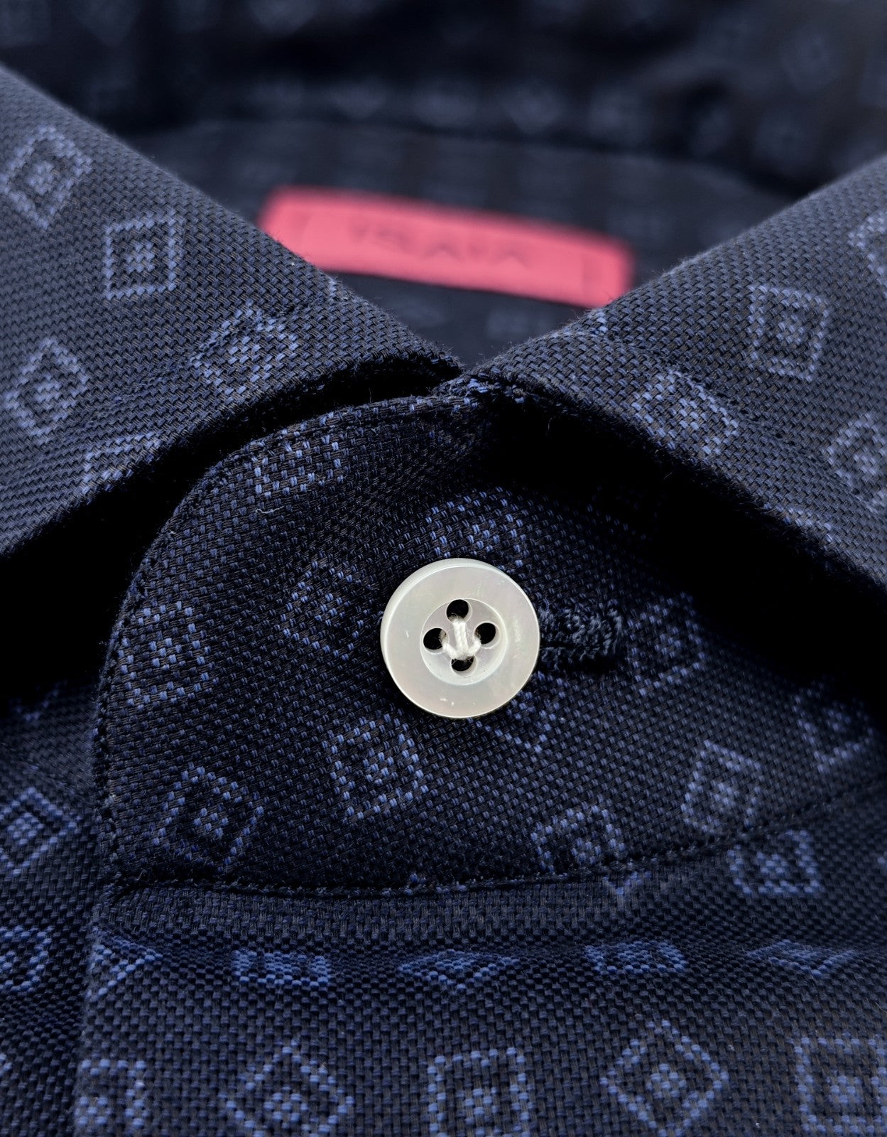 780$ ISAIA NAPOLI "Mix" Dress Shirt Blue Geometric Cotton 16.5 - 42