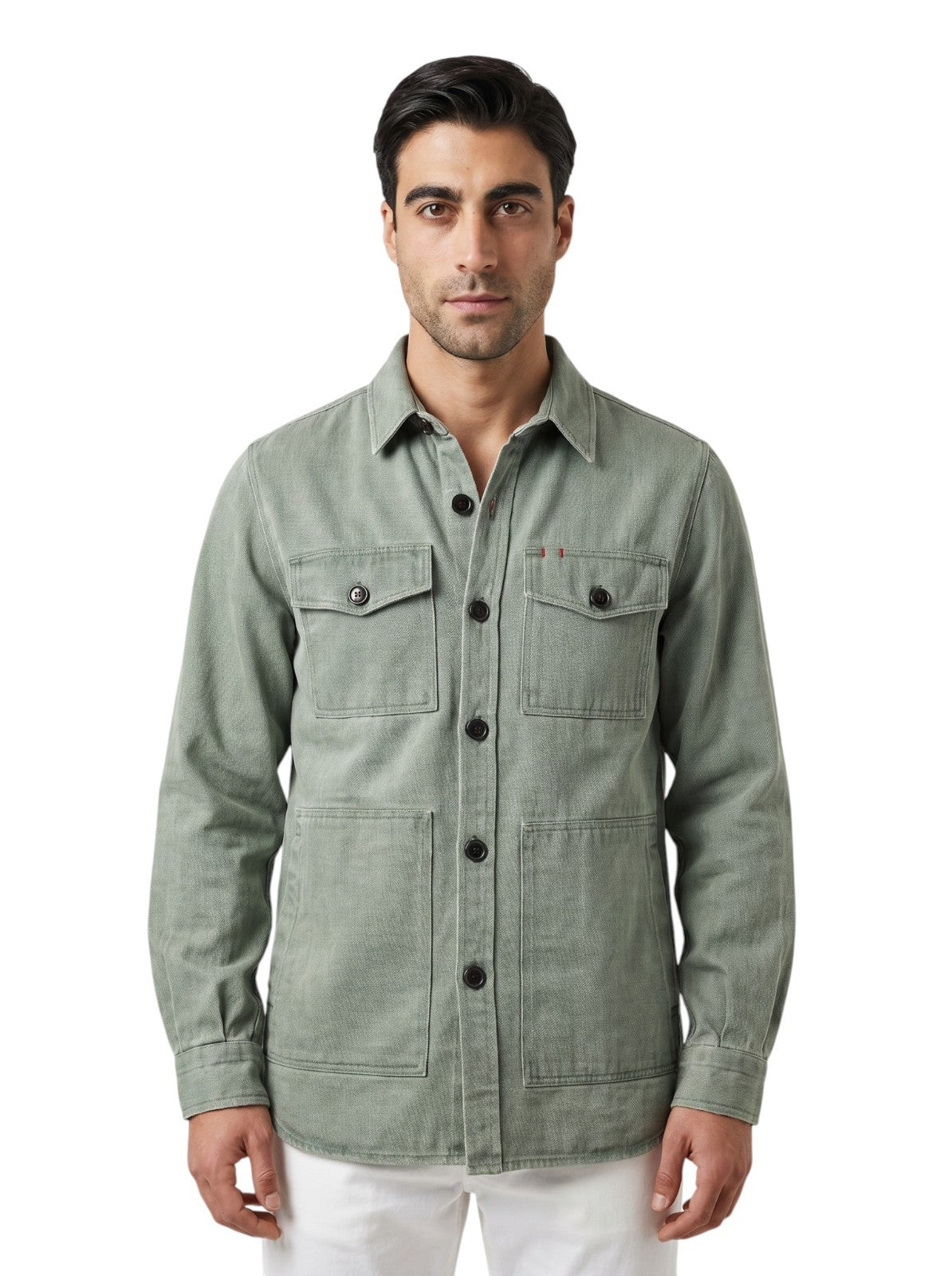 $1450 ISAIA Washed Green Hand-Sewn Overshirt Jacket Denim Cotton Size L