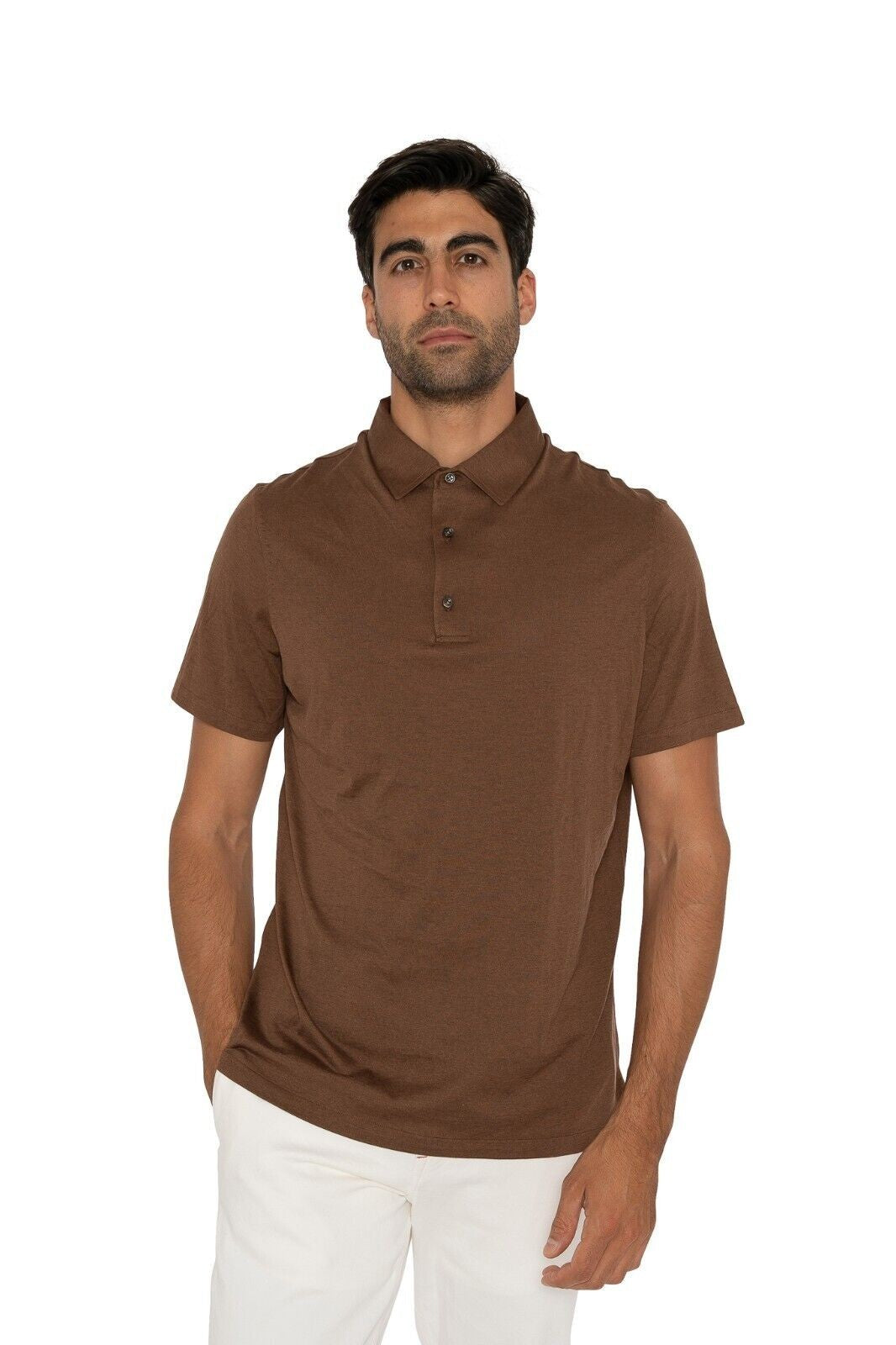 1300$ ISAIA NAPOLI Brown Polo Sweater Short Sleeve 100% Wool Size L