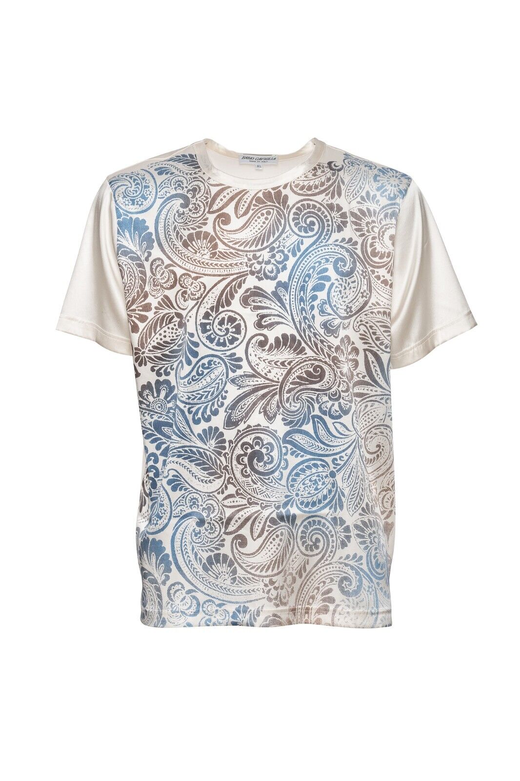 750$ LUXURY FABIO CAVIGLIA T-Shirt White "PAISLEY" 100% Silk COMO STRETCH