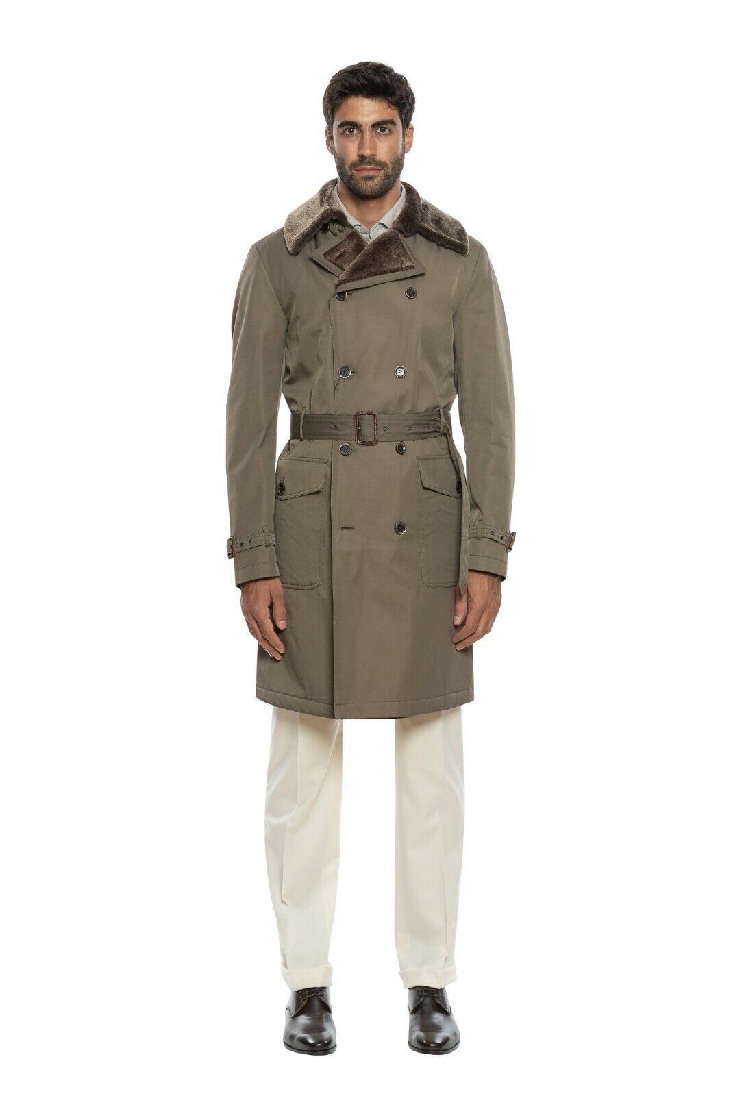 1050$ CORNELIANI Taupe Padded Trench Coat Water Resistant Fur In Wool