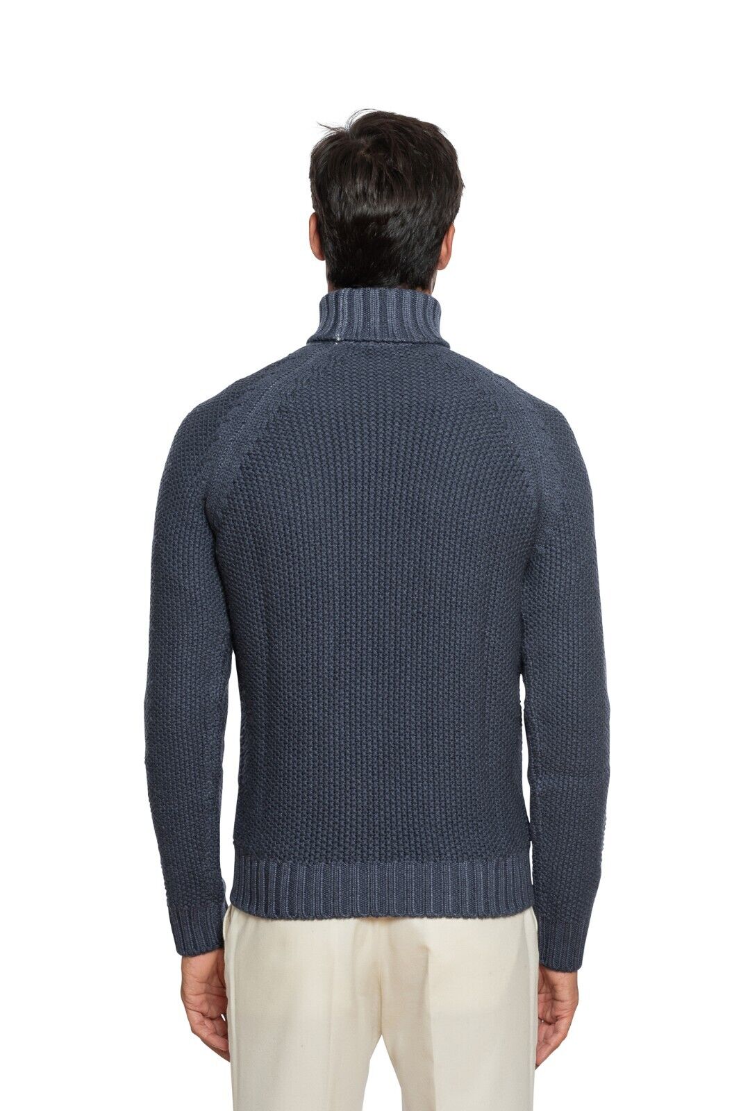450$ DELLA CIANA CASHMERE Thick Sweater Ribbed Turtleneck Merinos Wool Blue Dyed