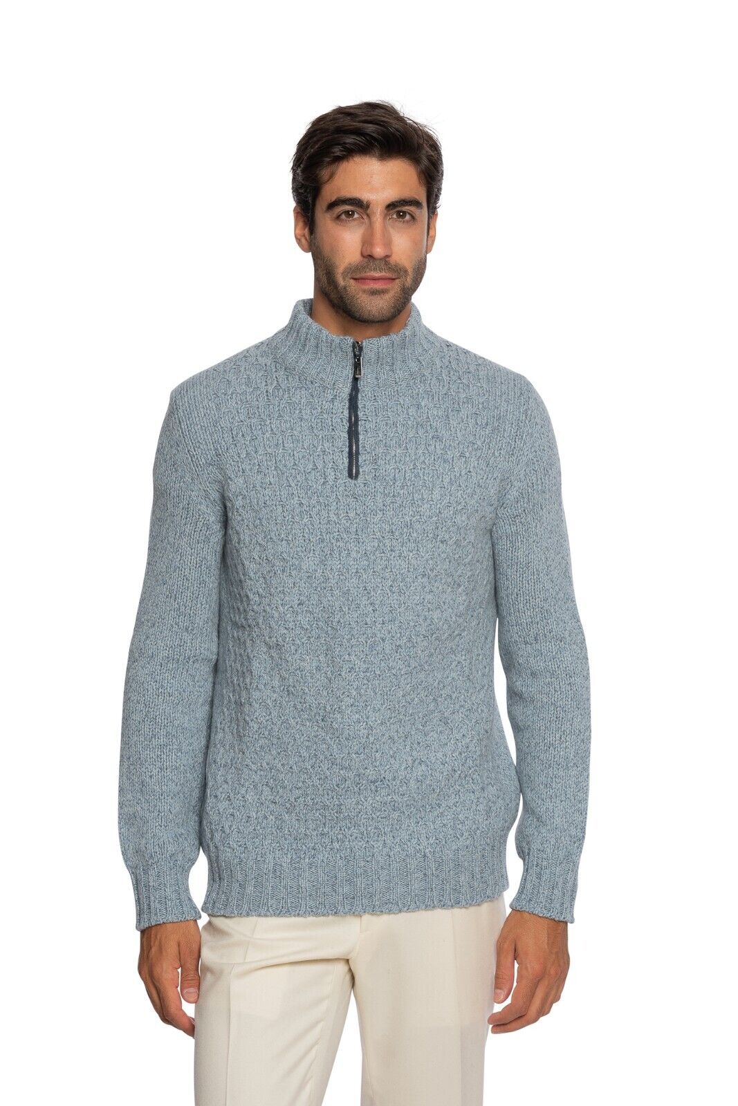 $1400 FEDELI CASHMERE Sweater Half Zip Cable 100% Cashmere + Suede 40 US / 50 EU