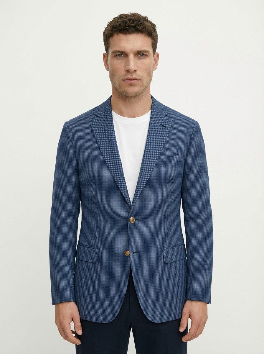 1450$ RAFFAELE CARUSO Blue Houndstooth Cotton 3/2 Roll Sport Coat 42 US / 52 IT