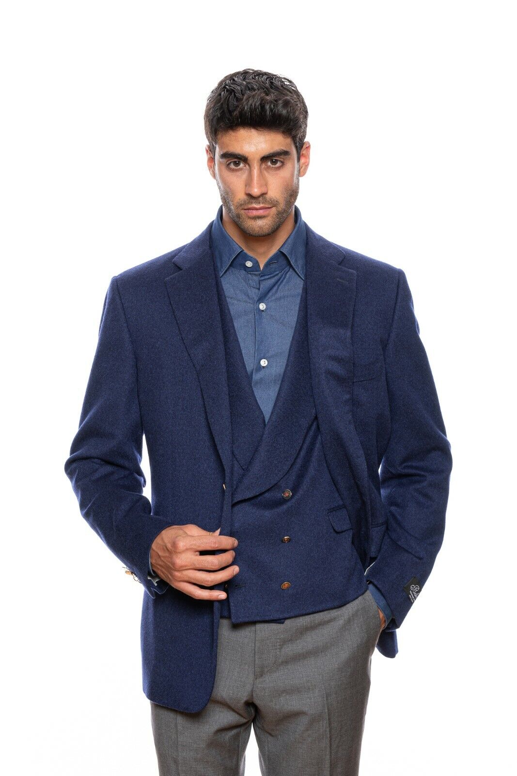 $3050 BELVEST Blue Pure Cashmere Jacket + Vest Double Breasted 46 US / 56 EU 6R