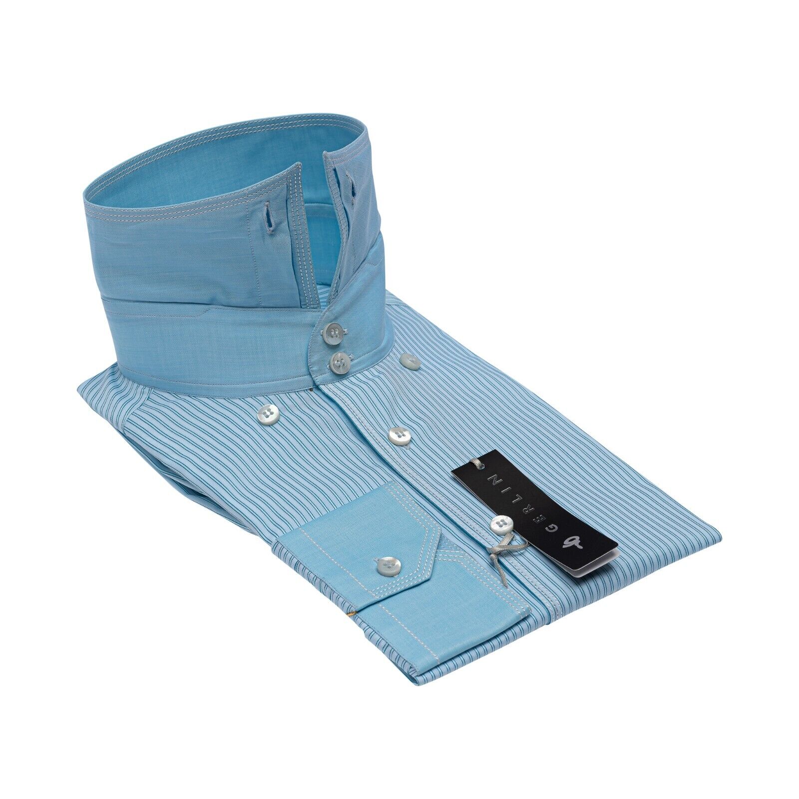 690$ LUXURY GERLIN Shirt Striped Point Sky Blue Cotton 16 - 41 2P ZILLI