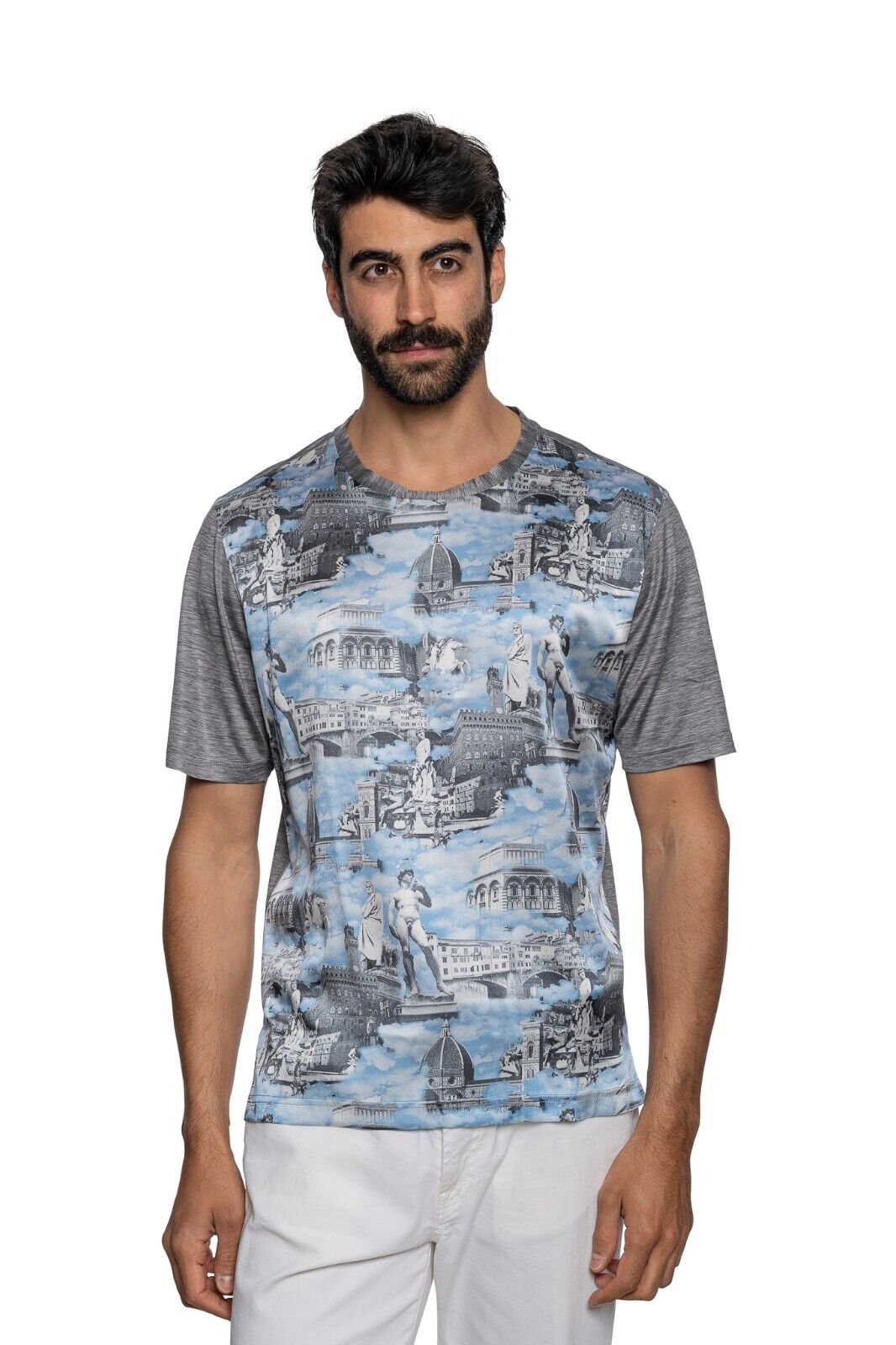 750$ ITALO FERRETTI T-Shirt Gray / Blue "FLORENCE" 100% Silk COMO Size L BIJAN