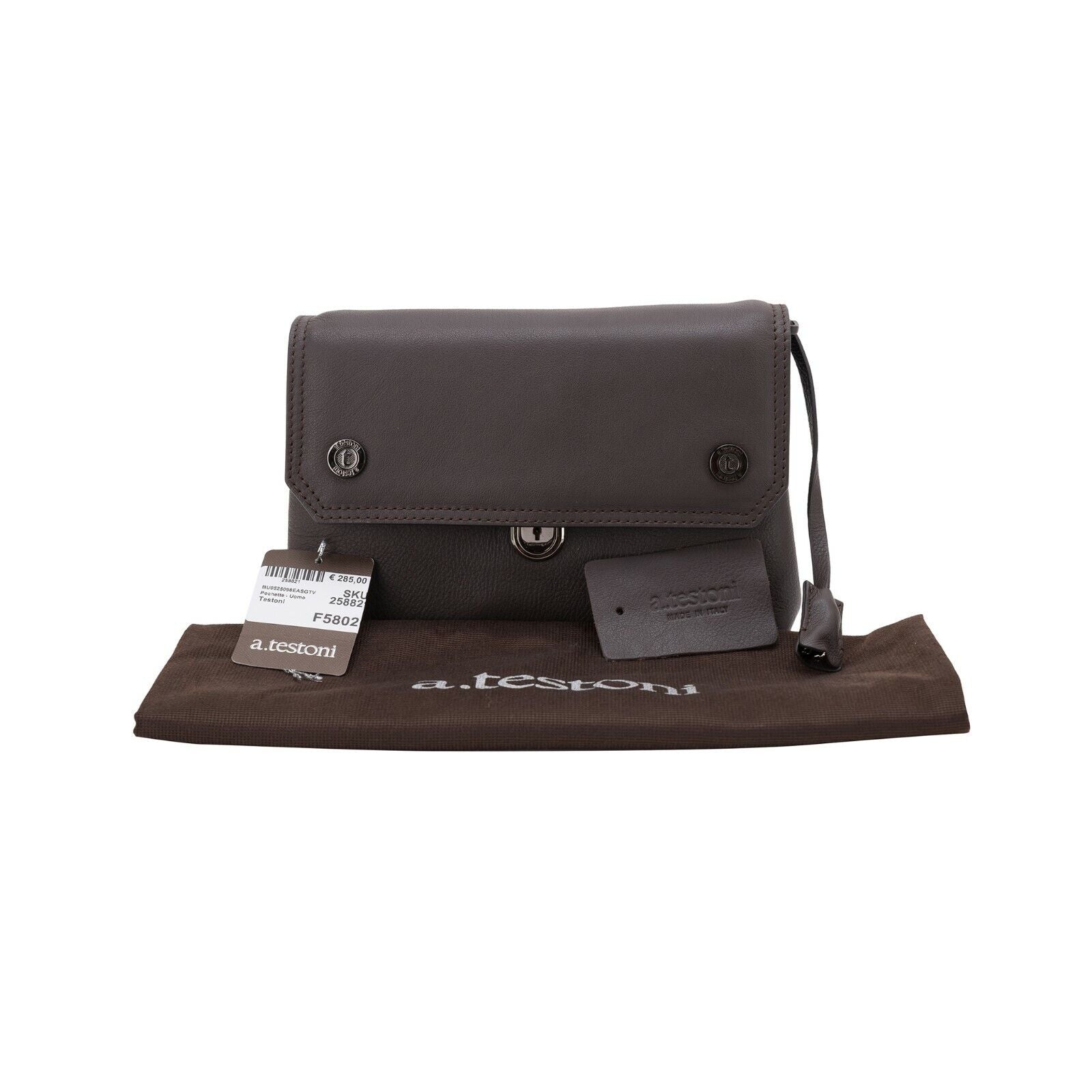 $390 Testoni Bologna Brown Easy Calf Hand Clutch Bag Padlock with Keys