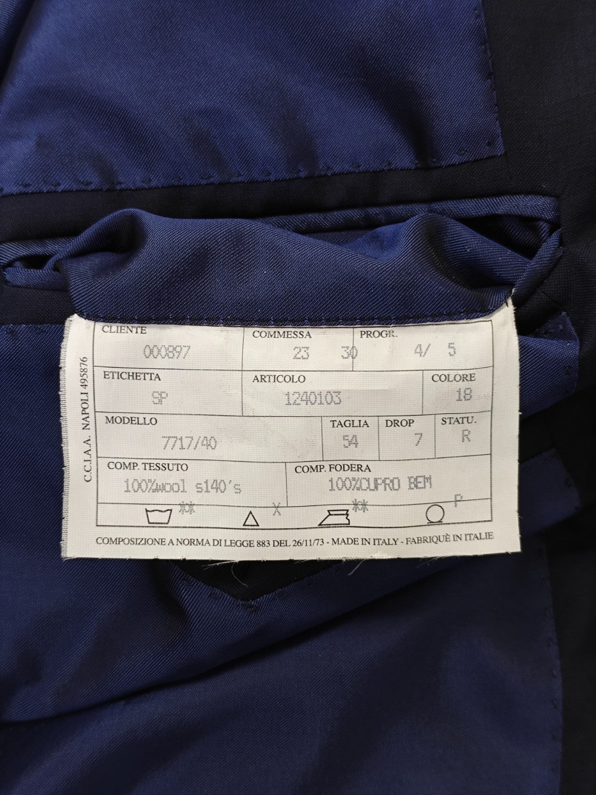 $2700 SARTORIA PARTENOPEA NAPOLI Blue Navy Handmade Suit Wool 140's 44 US 54 EU