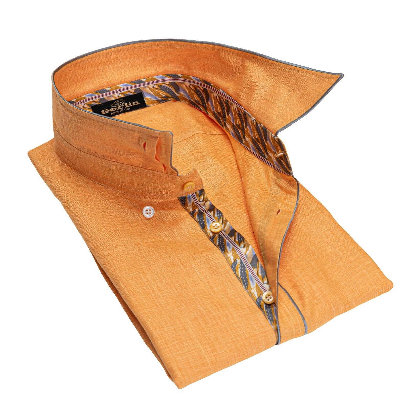 ITALIAN LUXURY 950$ GERLIN Shirt Short Sleeve Orange Linen + Silk