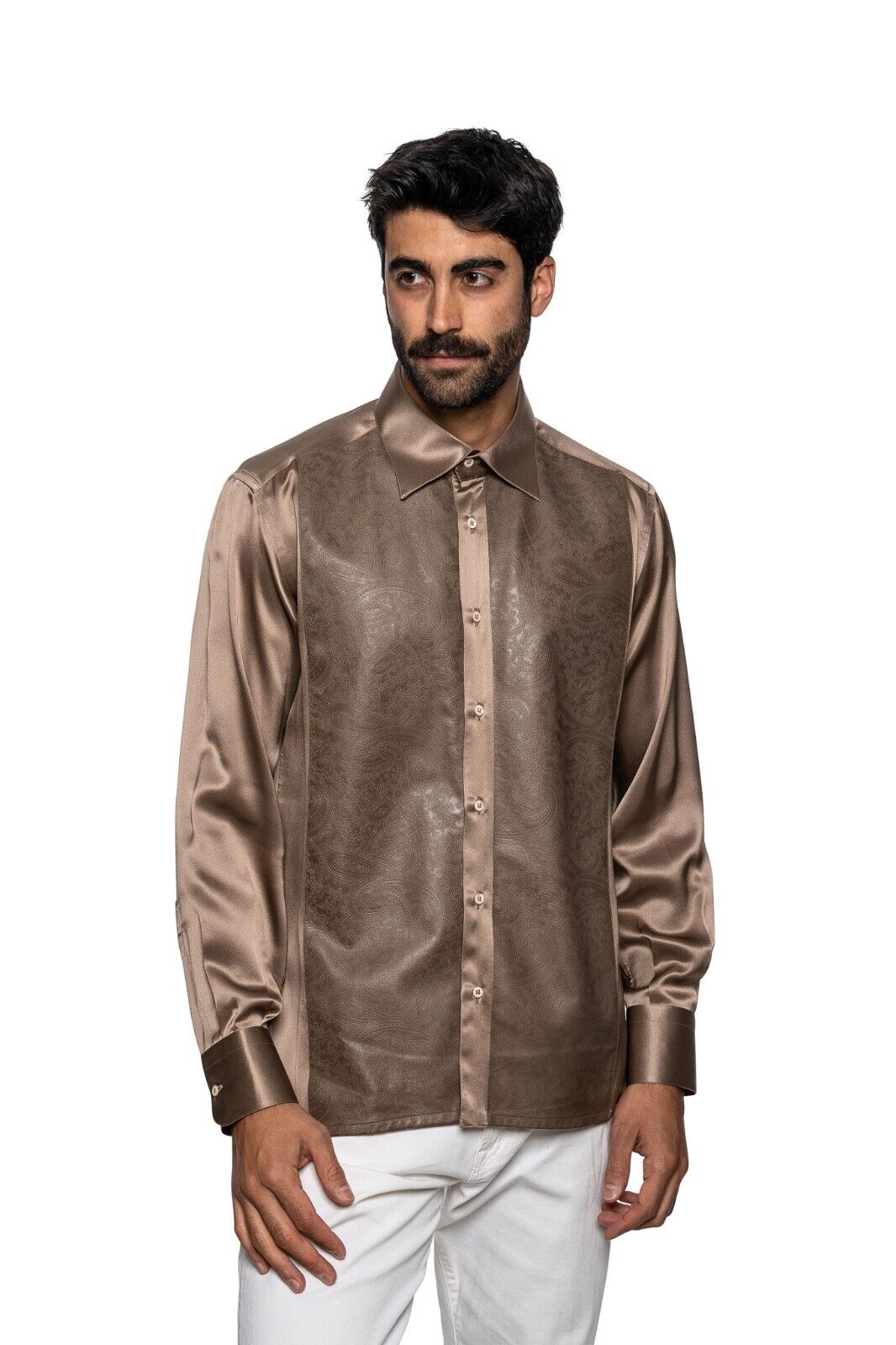 2500$ ITALO FERRETTI "PAISLEY" Shirt Gold 100% Silk + Lambskin Sz L BIJAN