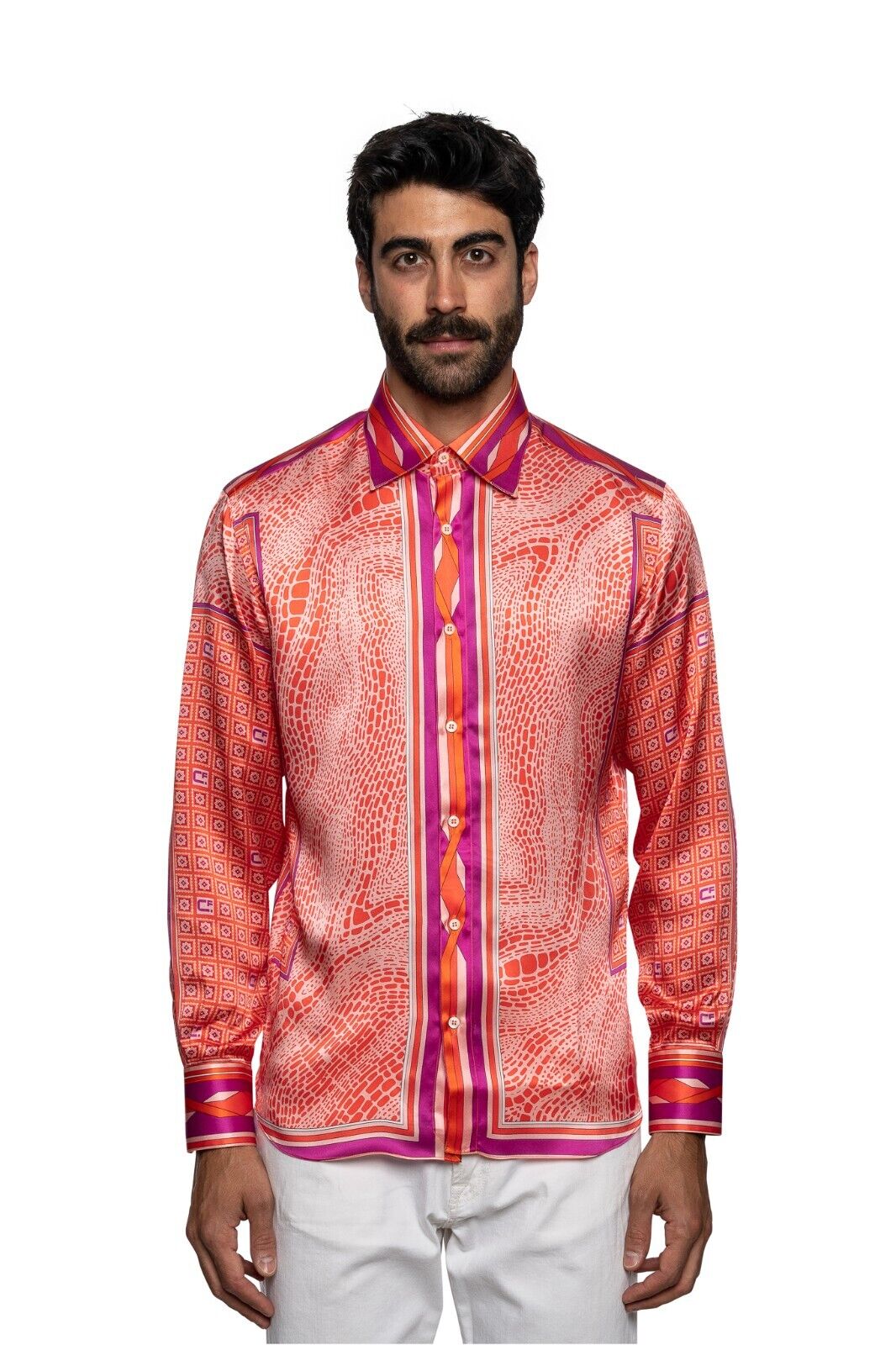 1600$ ITALY LUXURY FABIO CAVIGLIA Shirt 100% Silk COMO Satin Peach Made in Italy