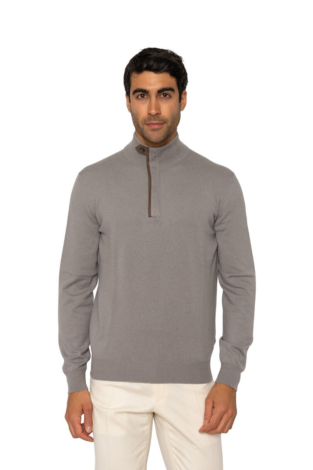 $1400 FEDELI CASHMERE Gray Sweater Half Zip 100% Cashmere / Lambskin 40 US 50 EU