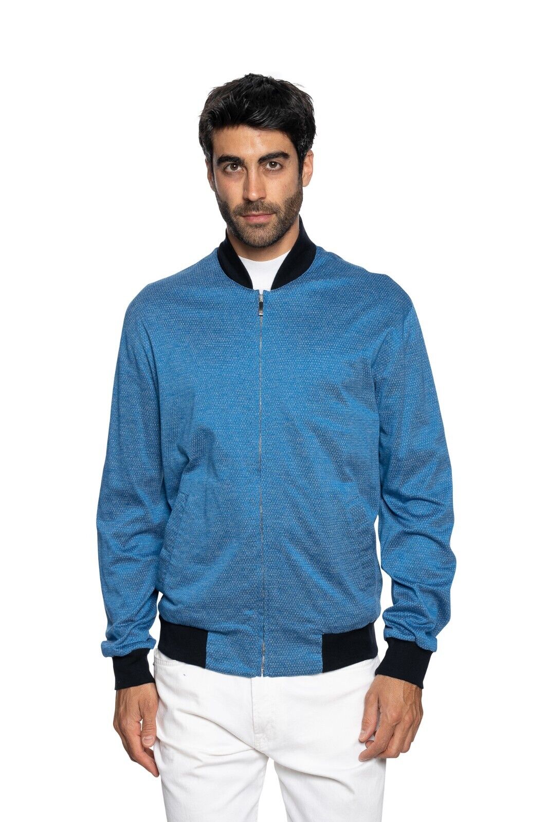 1300$ LUXURY ITALO FERRETTI Bomber Jacket Blue Cotton LISLE Size L BIJAN