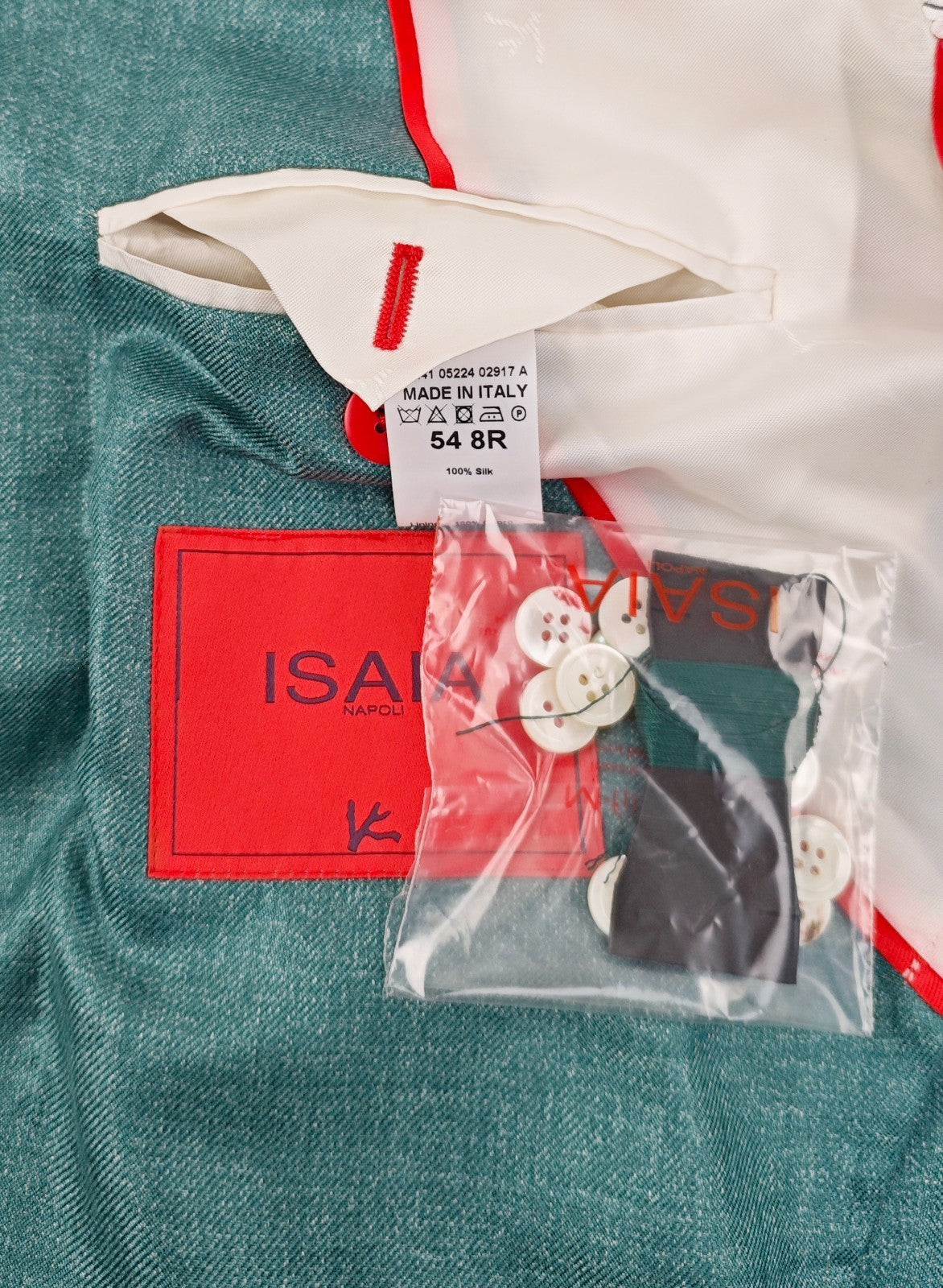 $5200 ISAIA NAPOLI "Shiny" Light Teal Blazer Sport Coat 100% Silk 44 US / 54 EU