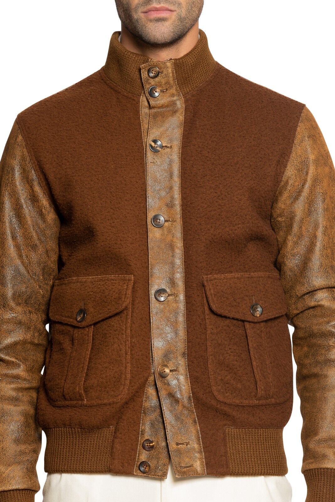 $2200 BOGLIOLI MILANO Bomber Coat Jacket Brown Wool + Aged Leather 40 US / 50 EU