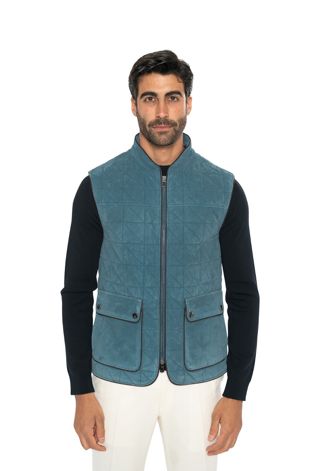 4500$ ISAIA NAPOLI Teal Blue Quilted Jacket Vest 100% Lambskin Leather