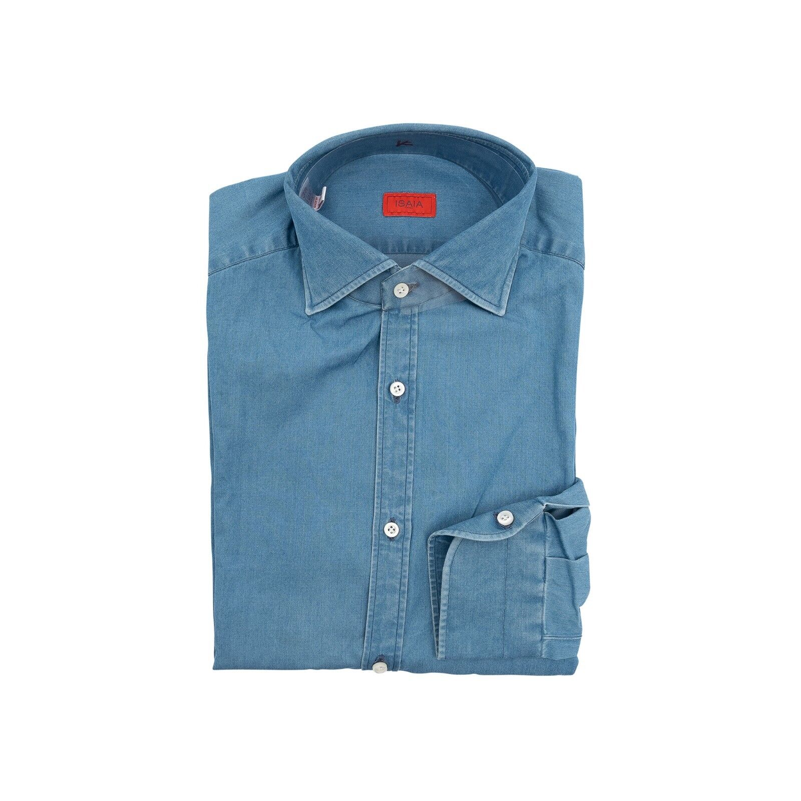 690$ ISAIA NAPOLI Blue Hand-Sewn Casual Shirt Denim Cotton 15.5 - 39