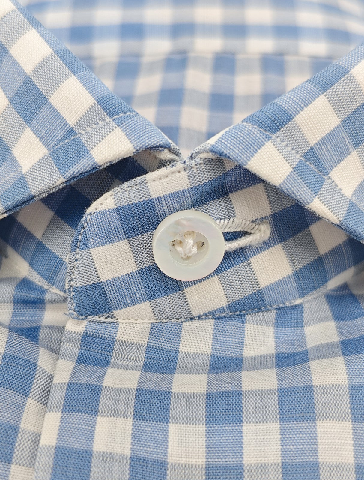 760$ ISAIA "Milano" Dress Shirt Blue Checks Hand-Sewn Cotton - Linen 16.5 - 42