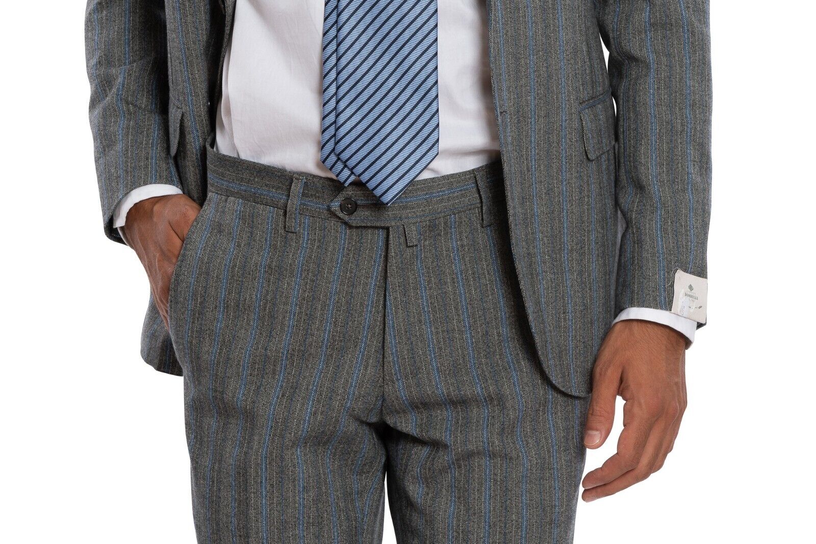 $2650 LUIGI BORRELLI NAPOLI Hand-Sewn Gray Striped Suit Wool Cotton Slim Fit