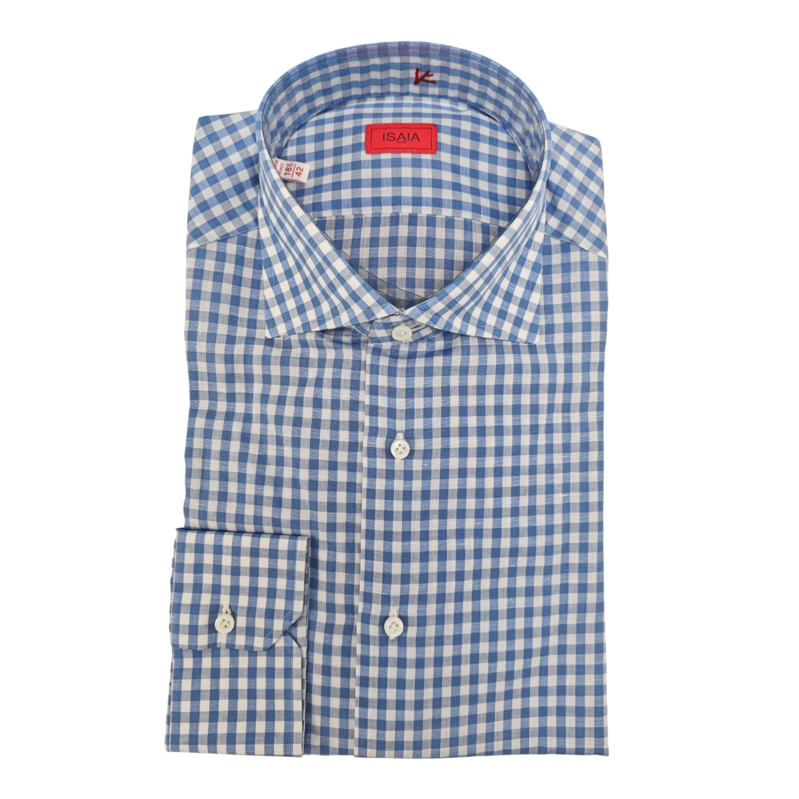 760$ ISAIA "Milano" Dress Shirt Blue Checks Hand-Sewn Cotton - Linen 16.5 - 42