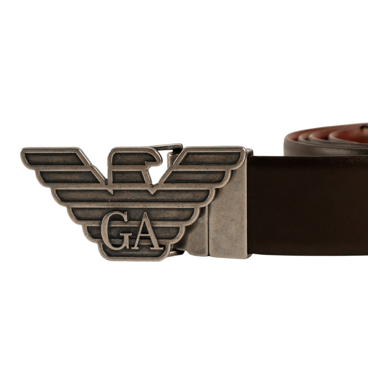 $520 GIORGIO ARMANI Belt Eagle GA Buckle Brown Wine Leather Reversible Size 110