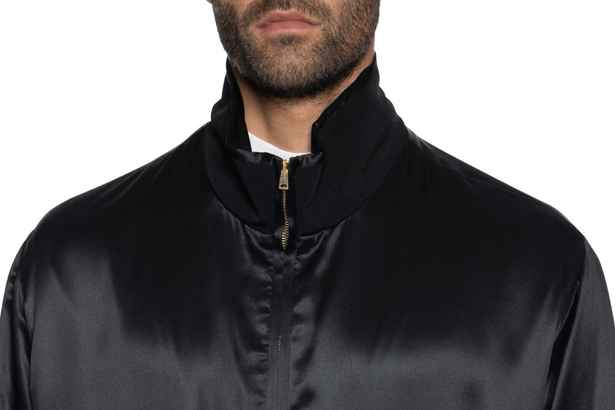 2000$ ITALO FERRETTI Bomber Jacket TOTAL BLACK 100% Silk SATIN 40 US 50 EU BIJAN