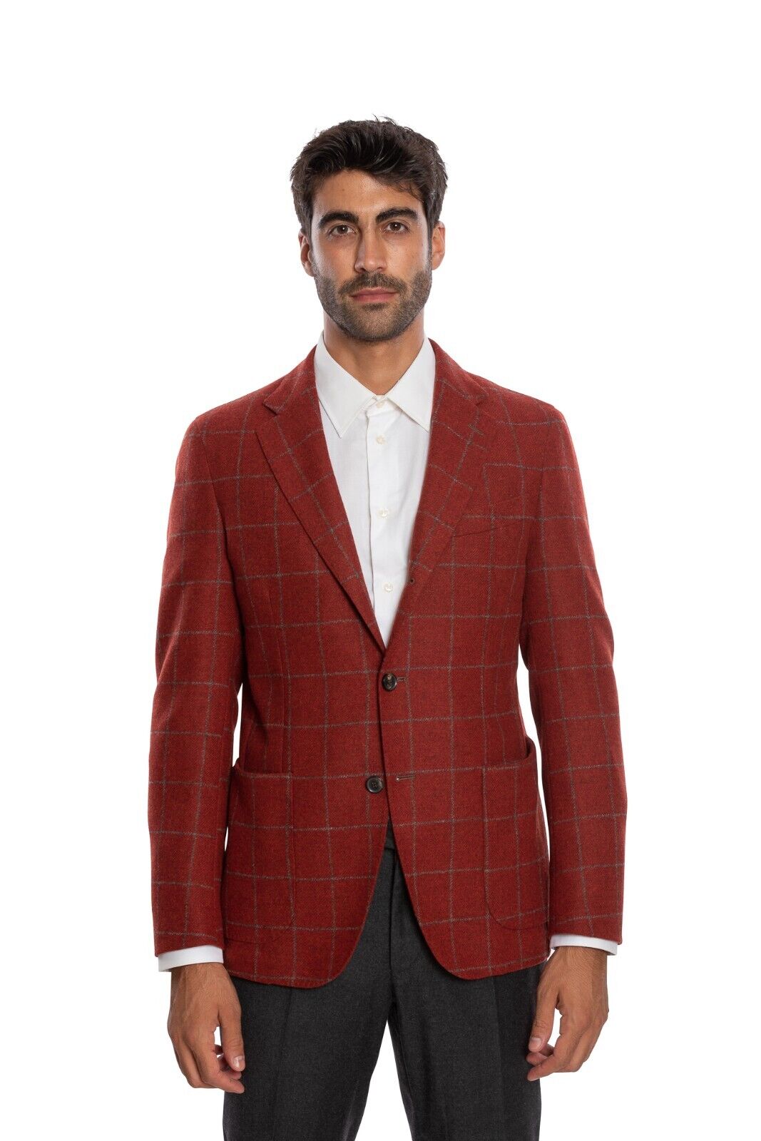 $1350 LUIGI BORRELLI "NISIDA" Venetian Red Plaid Jacket Sport Coat Wool Cashmere