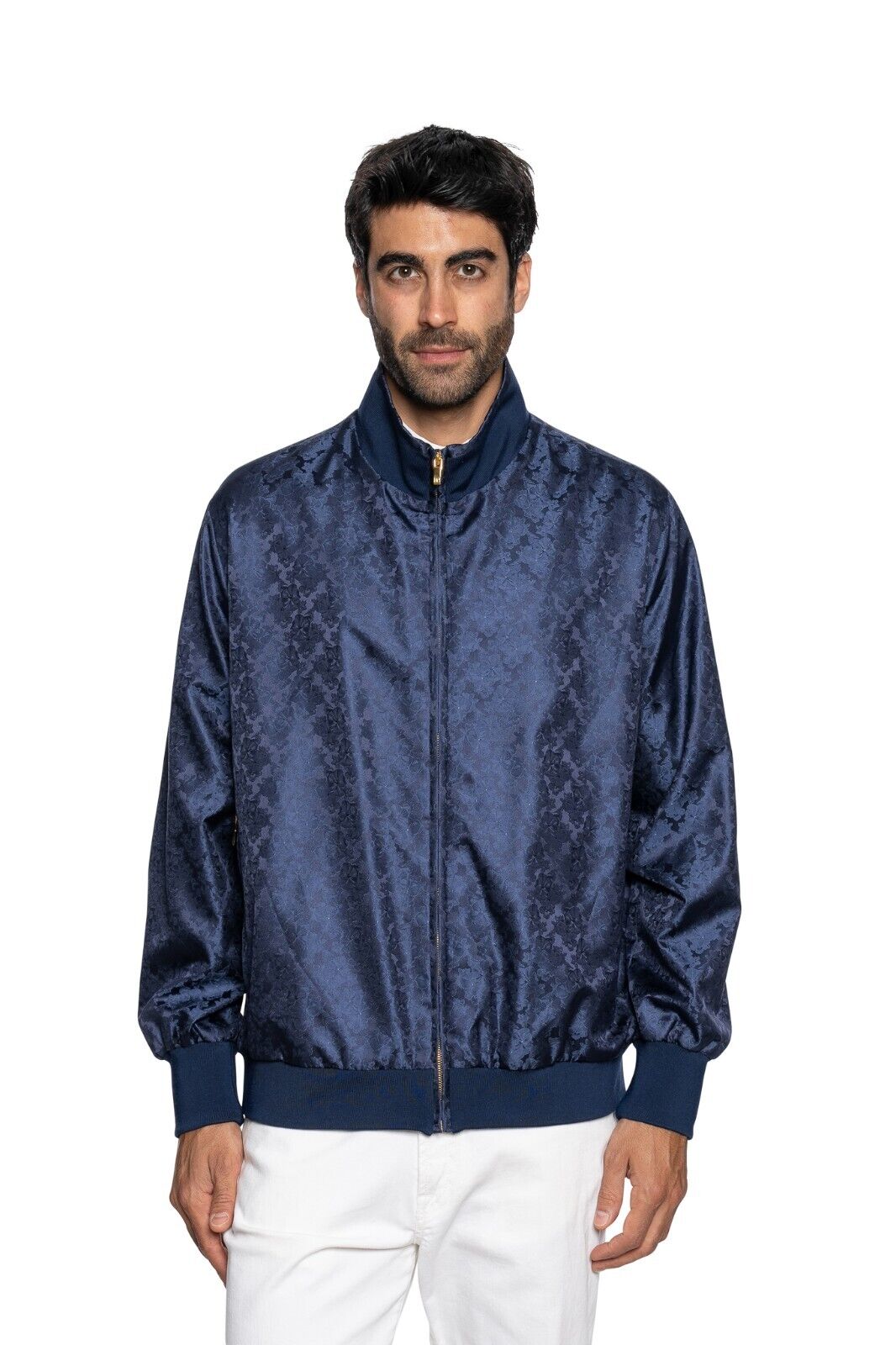 2000$ ITALO FERRETTI Bomber Jacket Blue "DAMASK" 100% Silk 42 US / 52 EU BIJAN