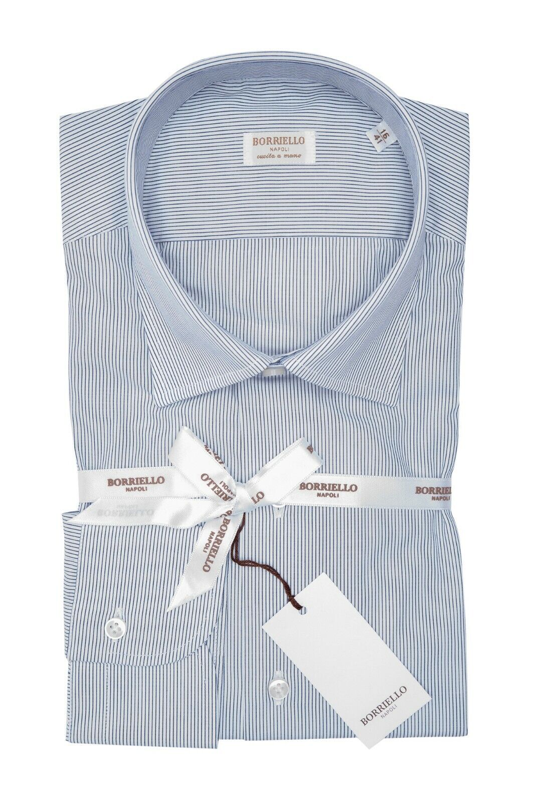 $190 BORRIELLO NAPOLI White Striped Shirt Cotton Hand-Sewn in Italy Slim Fit