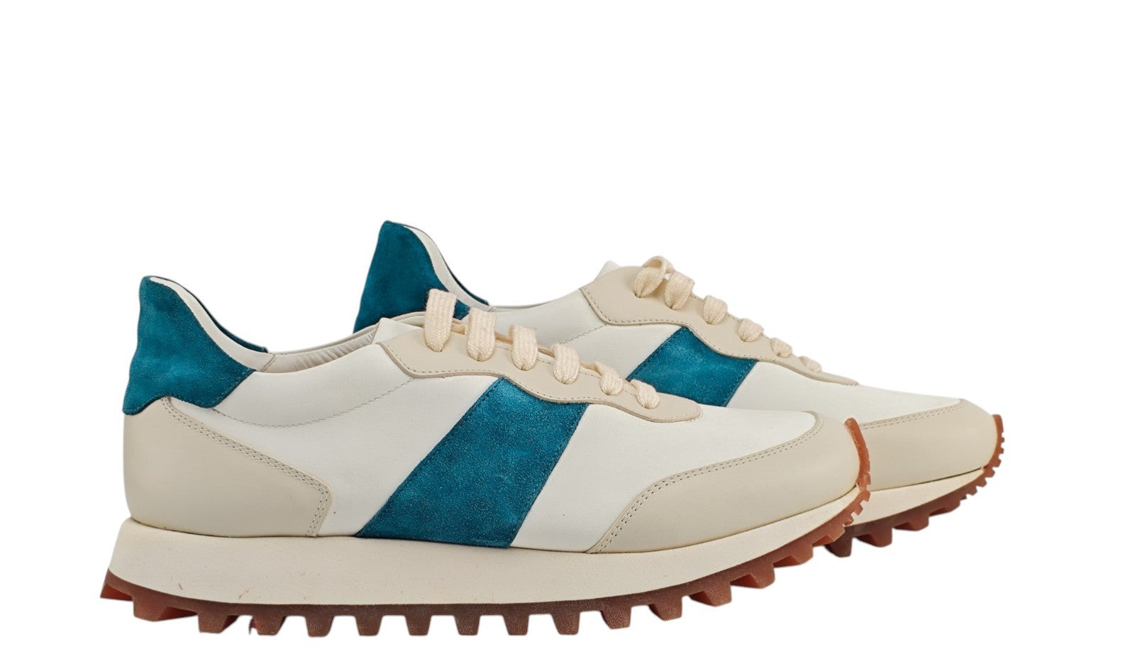 $900 TESTONI BOLOGNA "Como" Sneaker Shoes Sport Calf & Suede Ivory / Blue