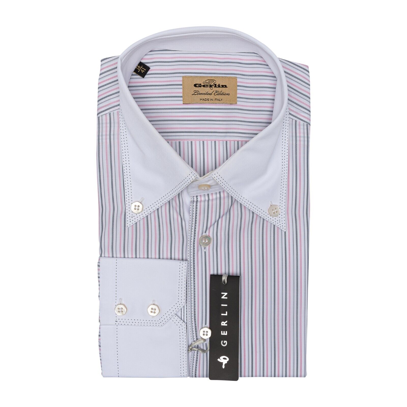 690$ LUXURY GERLIN Shirt Striped Point White ALUMO Cotton 16 41 2T ZILLI