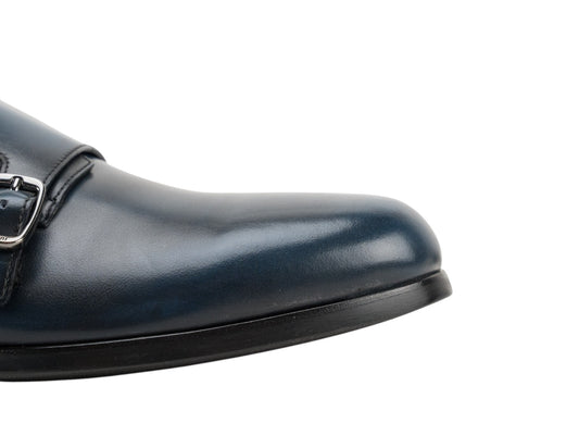 1250$ TESTONI Double Monk Shoes Grain Brushed Calf Blue Navy 8 UK / 9 US / 42 IT