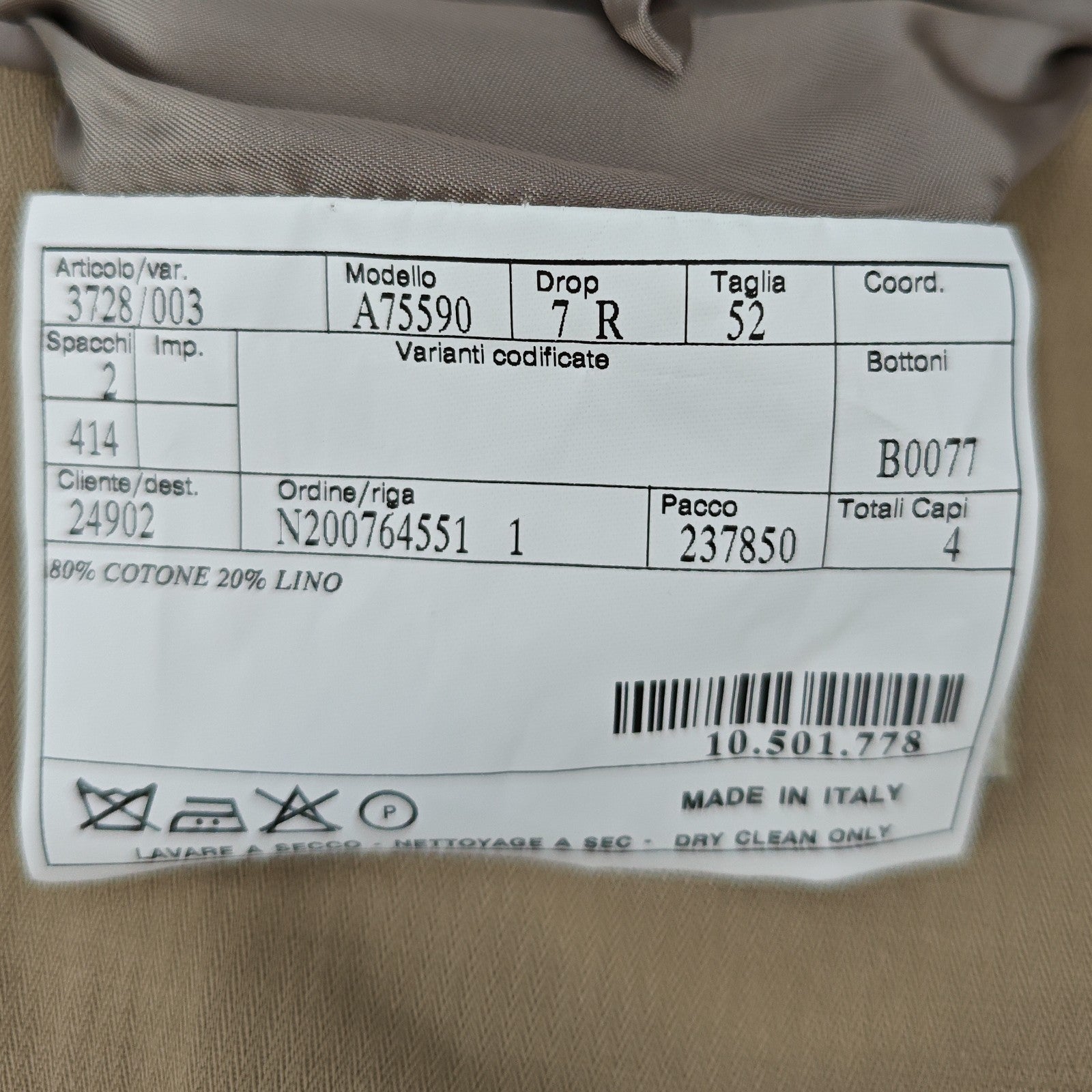 1900$ BURBERRY LONDON Beige Handmade 3/2 Roll Suit Cotton Linen 42 US / 52 IT