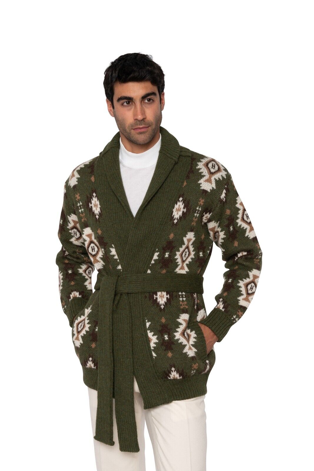 $2200 FEDELI CASHMERE Green Belted Cardigan Jacquard Baby Alpaca 40 US / 50 EU