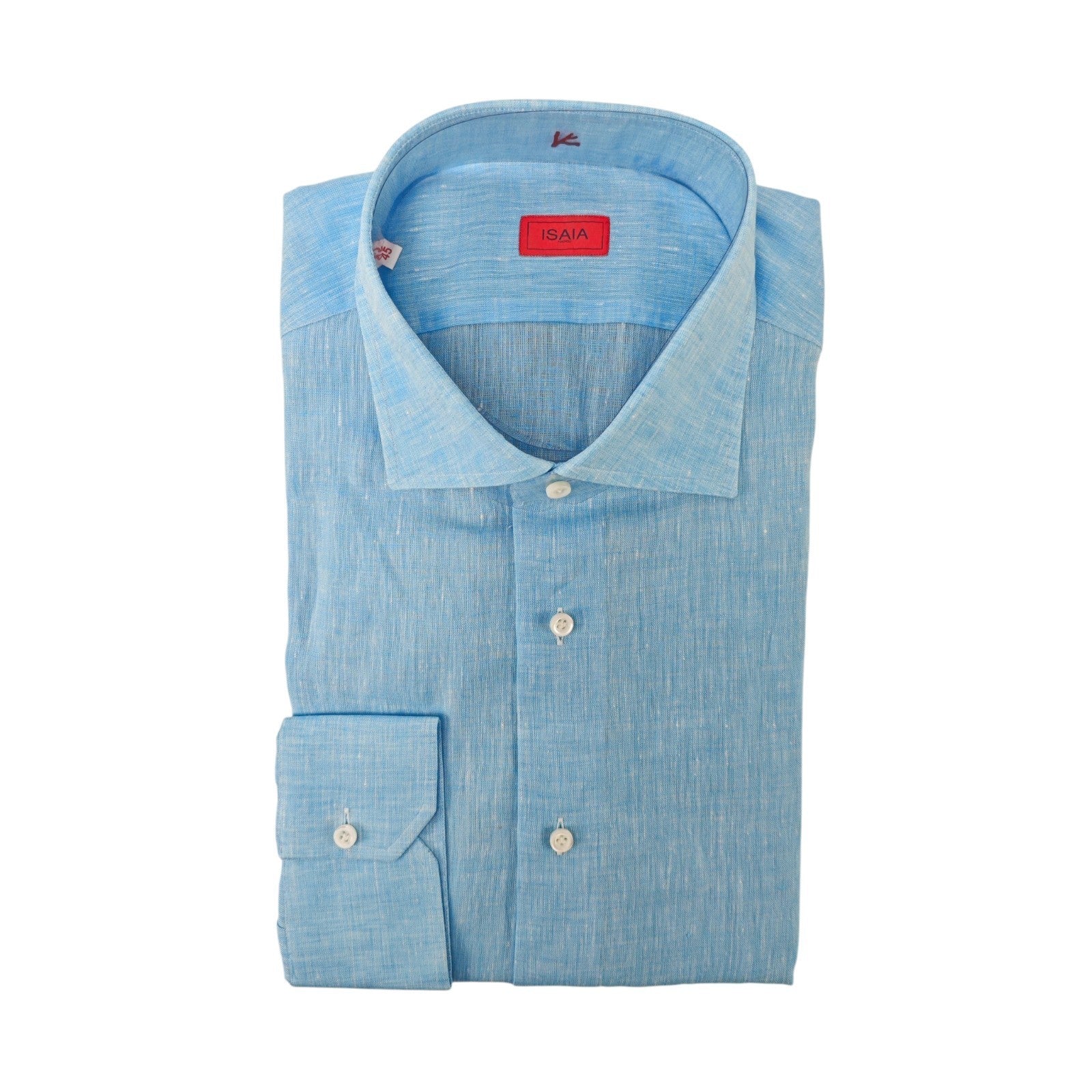 815$ ISAIA NAPOLI "Mix" Blue Dress Shirt Hand-Sewn 100% Linen
