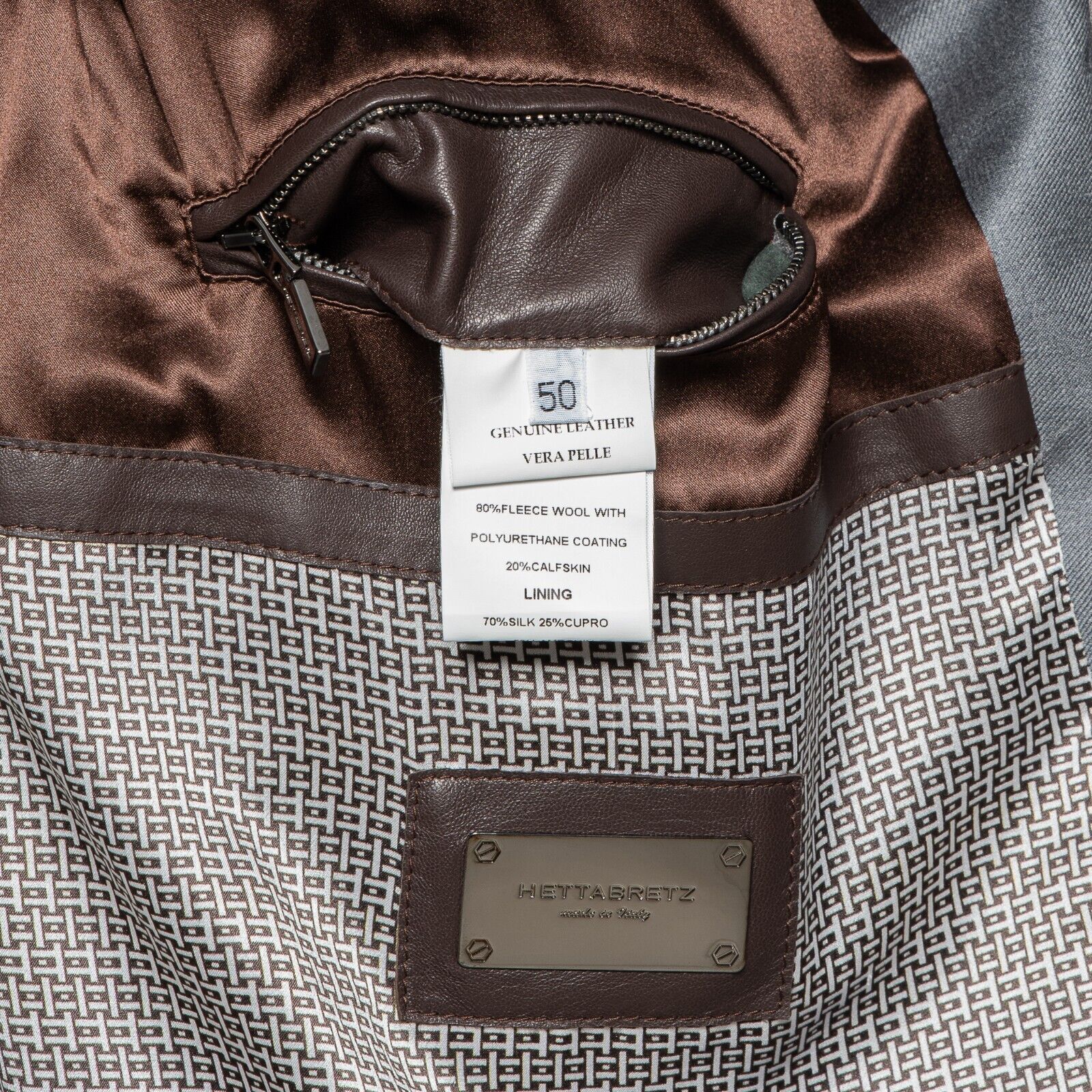 $4200 HETTABRETZ Gray Coat Wool Leather Silk Water-resistant 40 US / 50 EU Slim