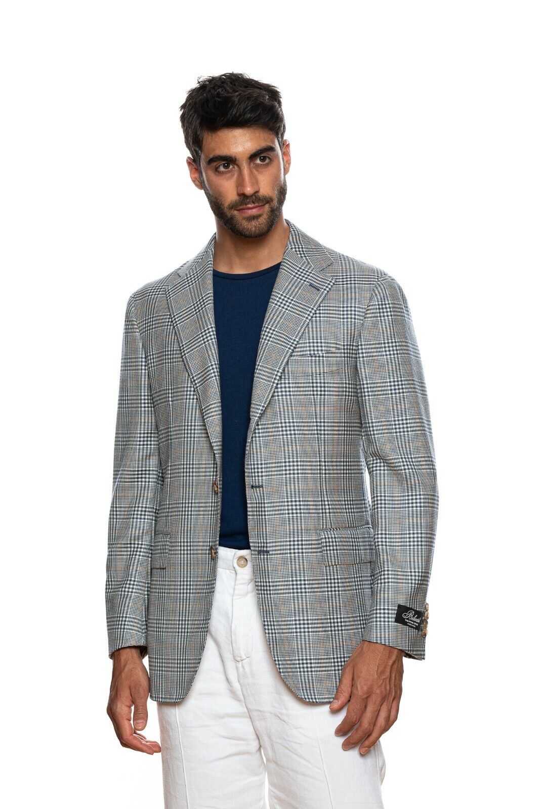 $2450 BELVEST Blue Cashmere Silk Prince of Wales Jacket Blazer 40 US / 50 EU  7R